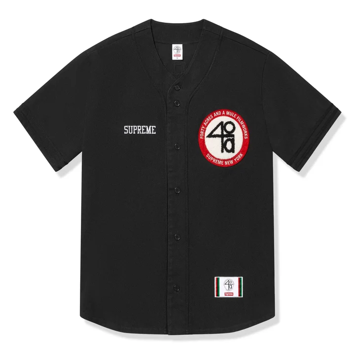 supreme-40-acres-twill-baseball-jersey-black-front Supreme 40 Acres Twill Baseball Black Jersey